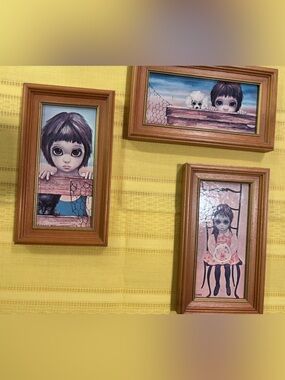 Vintage 1960s Margaret Keane Big Eyes Framed Print Set of 3 MCM Mini Art